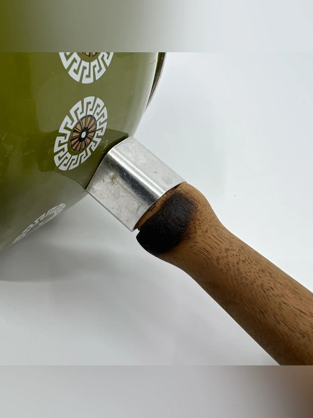 Vintage avocado green fondue pit enamelware saucepan pot wooden handle metal lid
